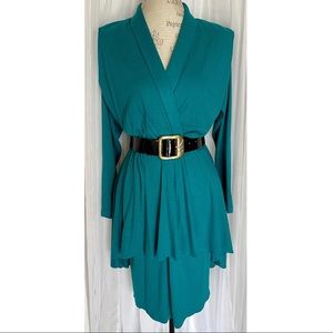 Vintage Turquoise Peplum Wiggle Midi Dress Size: 8, Medium Large